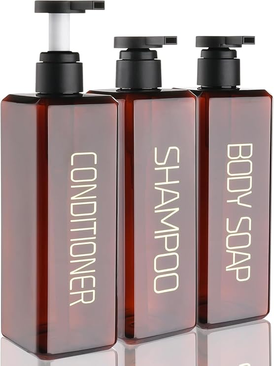 3 Pack Shampoo and Conditioner Dispenser 550ml Shower Soap Bottles Refillable Shampoo Pump Bottle Dispenser Plastic Empty Body Wash Dispensers with Permanent Labels for Bathroom (Brown)