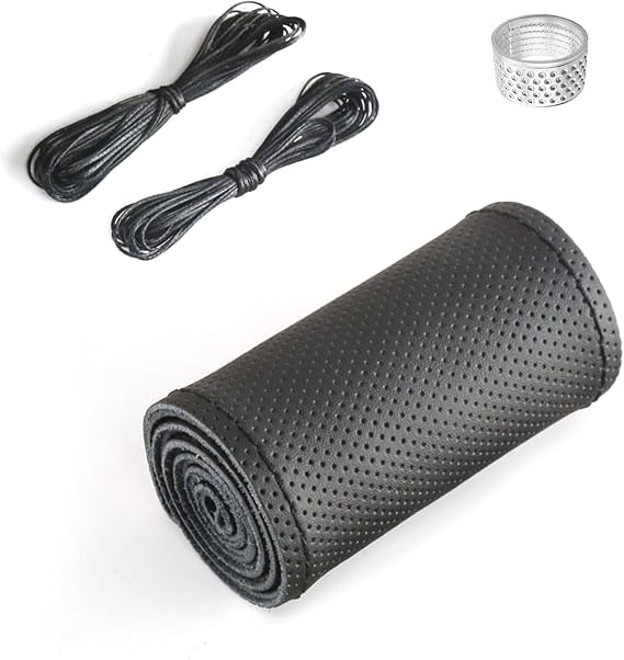 Genuine Leather Steering Wheel Cover, Stitch On Wrap for Steering Wheel up to Diameter 15 Inches, Anti-Slip & Breathable Steering Wheel Wrap, DIY Sewing with Needles Thread(Black)