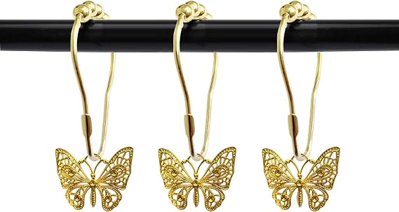 Set of 12 Butterfly Shower Curtain Hooks, House Bathroom Decor Accessorie, Stainless Steel Ring Rustproof (Gold)