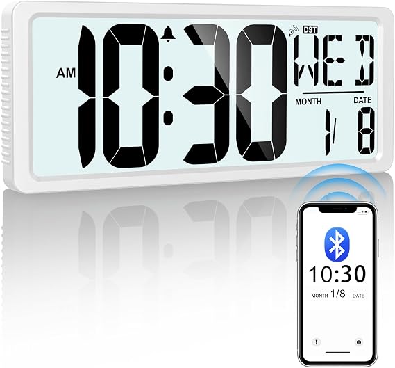 15" Bluetooth Wall Clock - Auto Sync, Battery Operated, Backlight