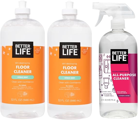 Better Life Floor Cleaner Citrus Mint 32 Oz Pack of 2 + All Purpose Cleaner Currant and Citrus 32 Oz Pack of 1