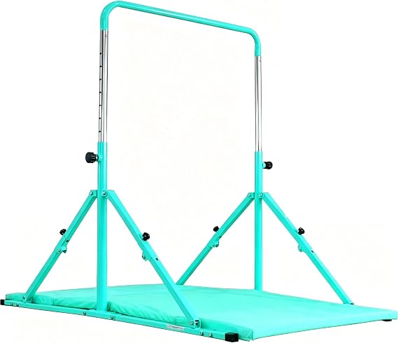 MARFULA Foldable Gymnastic Bar, 9 Height Levels, 200 lbs Weight Capacity, 5 Ft Length Gymnastic Kip Bar with Mat, Gymnastic Equipment for Home and Gym Center Indoor Outdoor Use