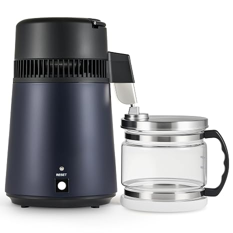 CO-Z 1.1 Gallon Water Distiller, 4L 750W Countertop Maker, Glass Pot | 304 stainless steel, glass pot, 0.3 gal/hr, up to 6 gal/day, auto shut-off, for home office lab dental, dark blue