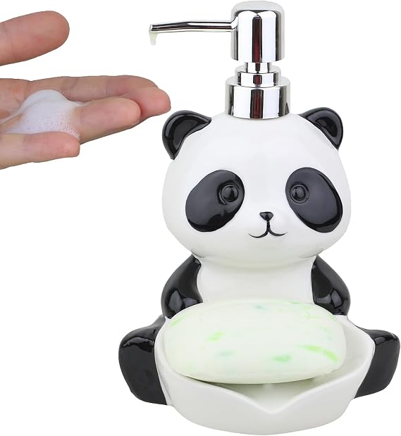 Ceramic panda-shaped soap dispenser, 2-in-1 hand soap bottle with soap dish, cute animal-shaped household soap dispenser and soap dish for kitchen, laundry room, bathroom countertop