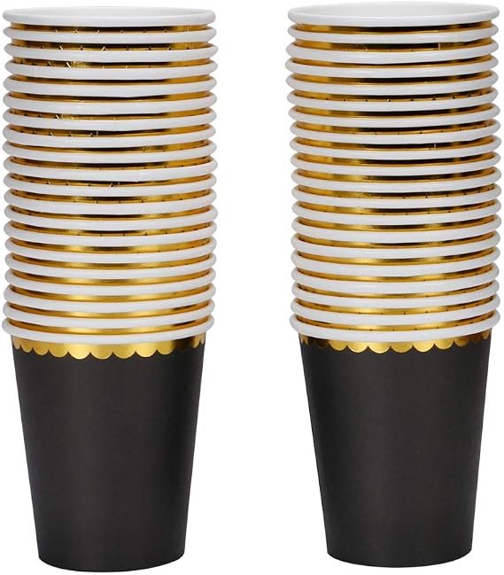 Geeklife 9oz Disposable Black Paper Cups with Gold Foil Border, 40ct