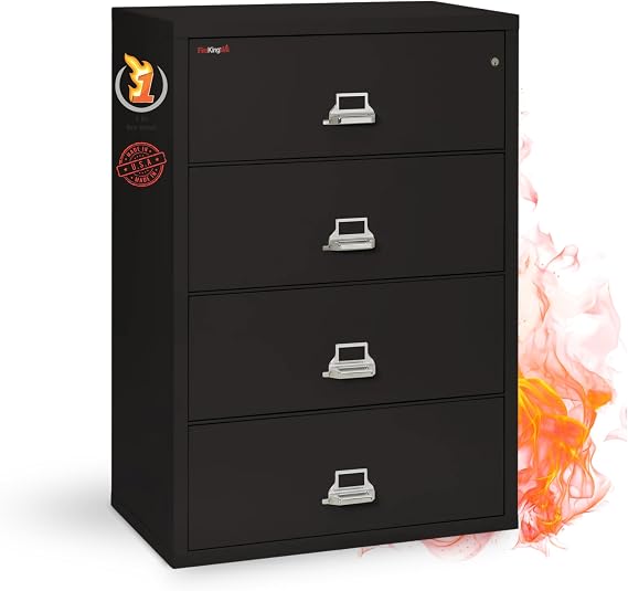 FireKing Fireproof Lateral File Cabinet (4 Drawers, Impact Resistant, Water Resistant), 38" W x 22" D, Black, Made in USA