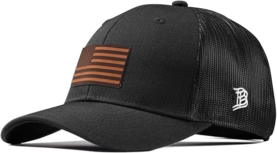 Branded Bills Old Glory Tan Leather Curved Trucker Hat for Men | Snapback Baseball Cap