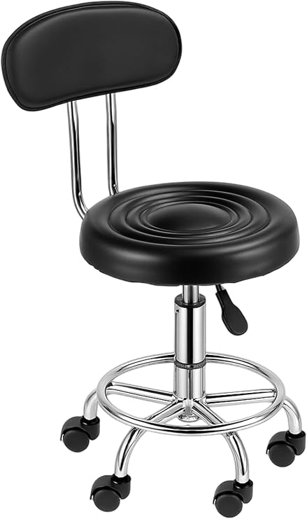 Adjustable Rolling Swivel Stool 360-Degree Rolling Wheel PU Leather with Back Drafting Swivel Task Chair l with Backrest or Salon Office Therapist Beauty Spa Hairdressing Tattoo Support/Thick Cushion