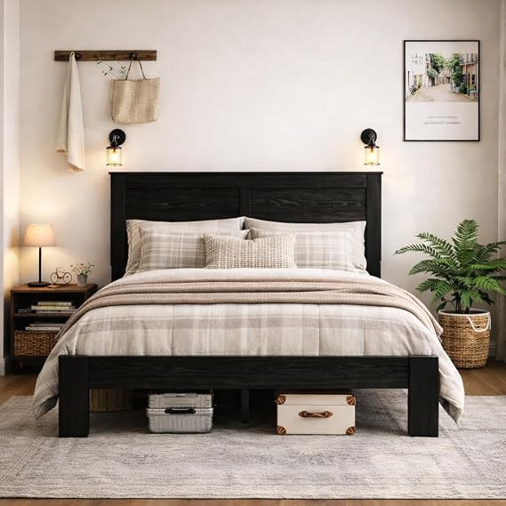 Wooden Bed Frame Full Size with Headboard, Farmhouse Platform Bed | Rustic Farmhouse Bed Frame Wood Finish with Sturdy Slat Support, No Box Spring Needed, Easy Assembly, Rustic Black