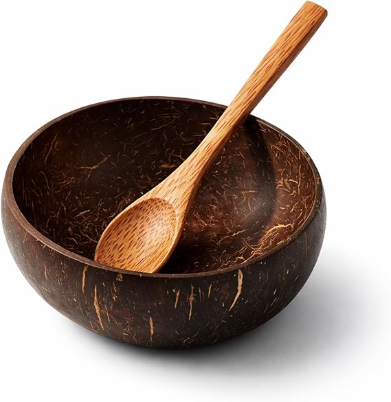 Coconut Bowl with Wooden Spoon Set, Polished Coconut Bowls, Handcrafted Coconut Shell and Wooden Bowls for Outdoor Dining, Smoothie, Fruit or Buddha Bowls, Kitchen Storage
