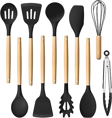 HaWare Silicone Cooking Utensils Set, 10-Piece Chef Kitchen Non-Stick Cookware with Wooden Handle, 450F Heat Resistant - Black