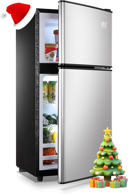 KRIB BLING Refrigerator with Freezer, 2 Doors Fridge with Adjustable Thermostat Control 3.5 Cu.ft, Silver