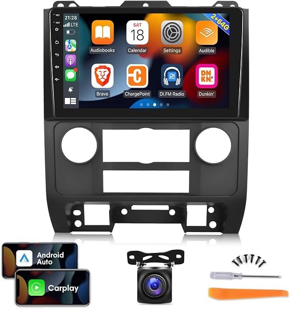 2GB+64GB Android Car Radio for Ford Escape Kuga Mazda Tribute 2007-2012, 9 inch Touch Screen Car Stereo, Carplay&Android Auto/Wi-Fi/Bluetooth/1080P+AHD Backup Camera+MIC