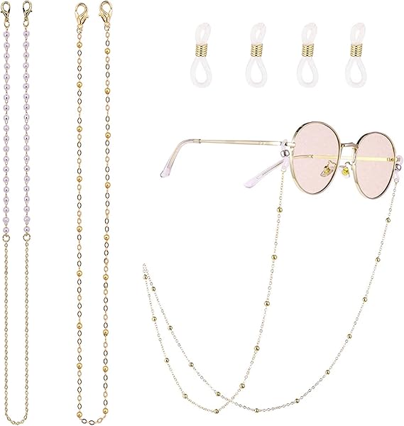 2 PCS Glasses Chains Sunglasses Chain Gold Glasses Chain Beaded Eyeglass Chains Spectacle Chain Reading Glasses Bead Glasses Strap Chains Eyewear Chain for Glasses Women with Anti-Skid Ear Hooks