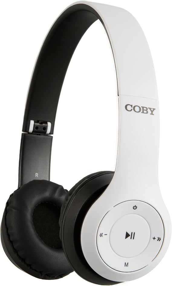 Coby Bluetooth Over-Ear Headphones Wireless Foldable Headset with Microphone, AUX Input, TF Card Slot, Hands-Free Controls, Rechargeable, 5-Hour Playback, White