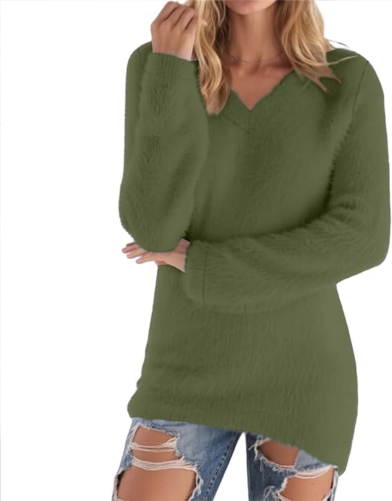 Womens V Neck Fuzzy Long Sweater Casual Warm Long Sleeve Fluffy Comfort Pullover Winter Fall Thermal Soft Clothes