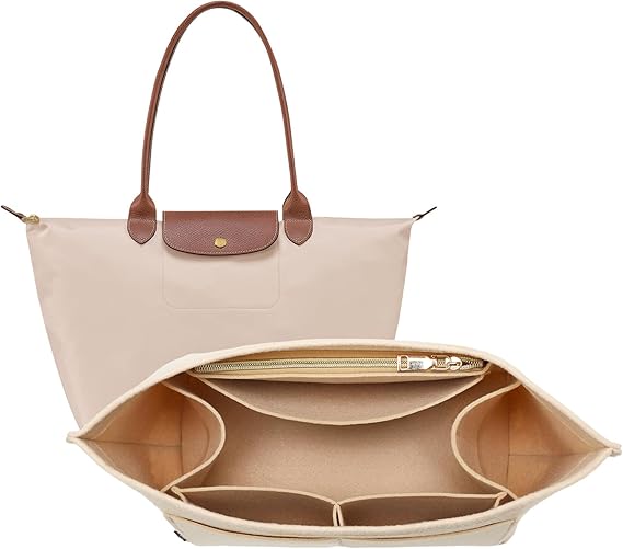 OPPOSHE Longchamp Le Pliage için Çanta Düzenleyici Ekleme, Premium Keçe Uzun Şampiyon Çanta Kadın El Çantası, 9 Bölmeli Bez Düzenleyici Ekleme (Büyük, Bej)
