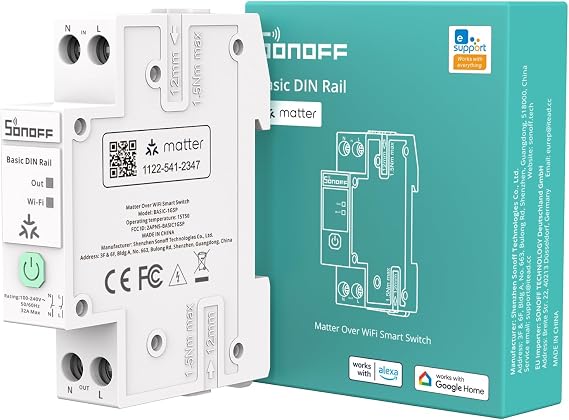 SONOFF Basic DIN Rail (BASIC-1GSP) WiFi Smart Switch for DIN Rail, Matter over WiFi Smart Home Controller, 32A High Load Electrical Panel Switch,
