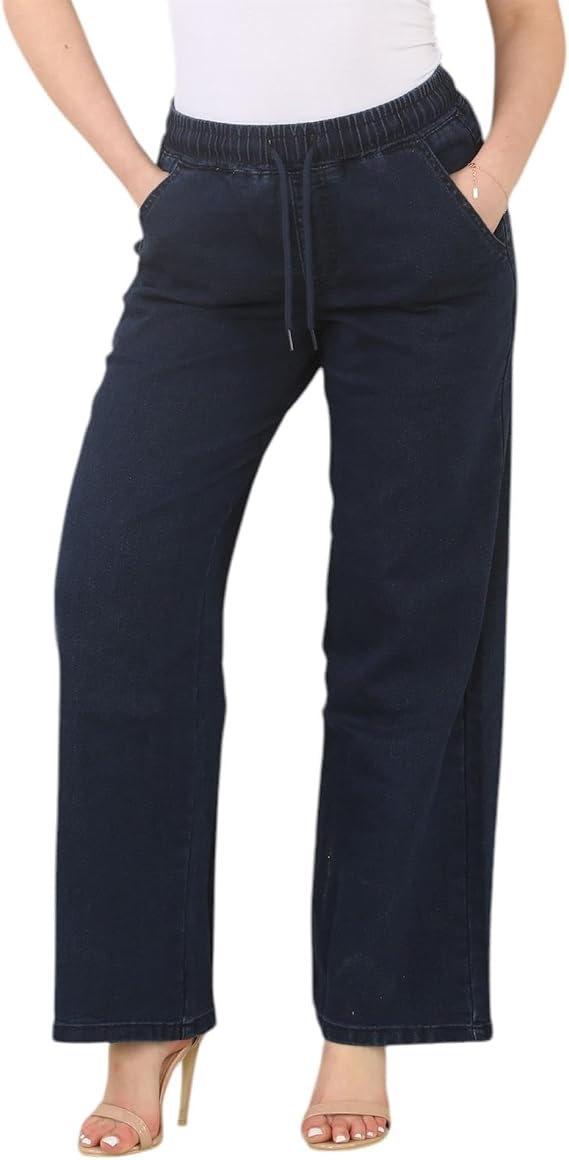 MYT Womens Wide Jeans Elasticated High Waist Stretchy Baggy Straight Ladies Denim Trousers Pants All Waist Sizes UK 10-20