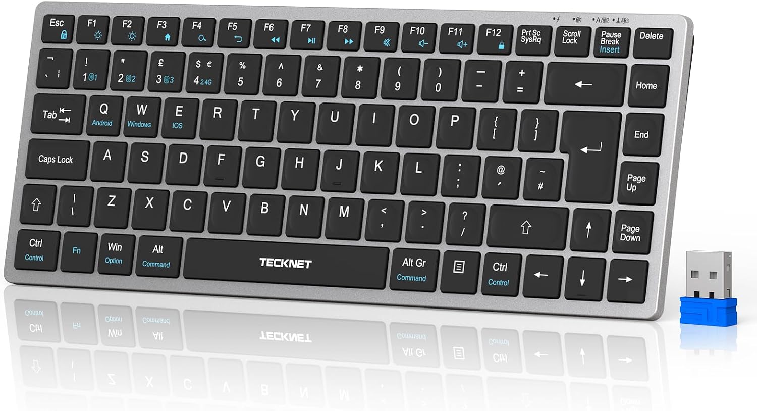 TECKNET 2.4G Wireless Keyboard, Rechargeable Bluetooth Keyboard for 4 Multi Devices, QWERTY UK Layout Compact Mini keypad, Small Silent Keys for Laptop, Phone, Smart TV, Computer, Tablet - Silver