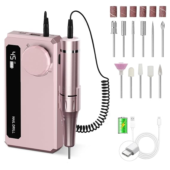 Rechargeable Nail Drill 45,000 RPM, Portable Electric Nail File for Acrylic Gel Polishing and RemovalNail Dremel Tool for Women, Ideal for Home DIY or Salon, Pink