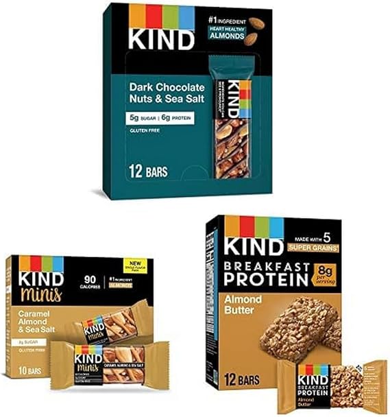 Bundle of KIND Bars, Dark Chocolate Nuts and Sea Salt, Healthy Snacks, 12 Count + KIND Minis, Caramel Almond & Sea Salt, (Pack of 10) + KIND Breakfast Bars, Almond Butter, Gluten Free (6 Count)