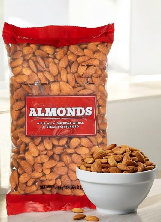 Kirkland Whole Almonds Steam Pasteurized 3 lbs (48 oz) Resealable Bag Unsalted, Crunchy, Ready to Eat Great for Snacking, Baking, and Cooking