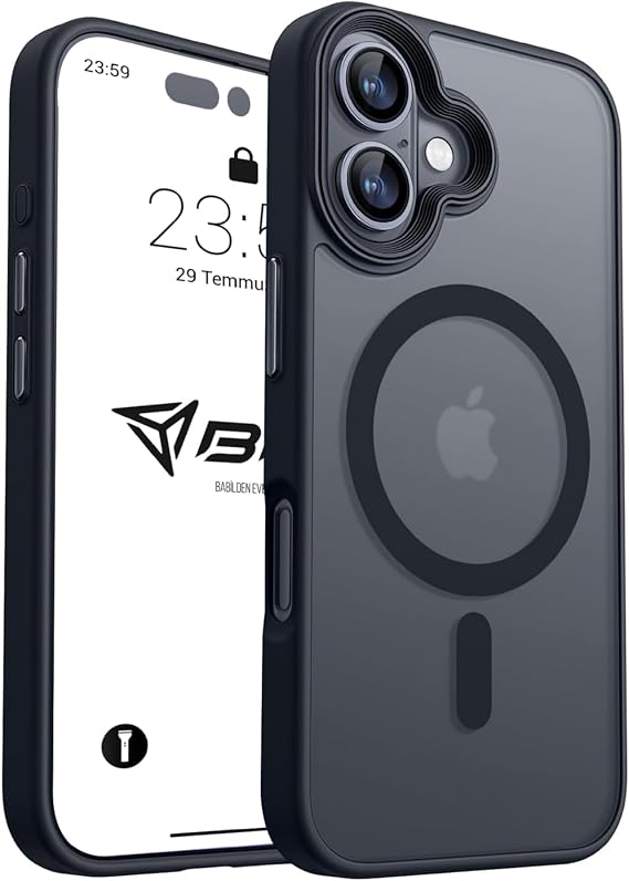 Babilden iPhone 16 İçin Kılıf Kamera Korumalı Magsafe İle Uyumlu Kablosuz Şarj Özellikli Mat Şeffaf Renkli Telefon Kılıfı (Siyah)