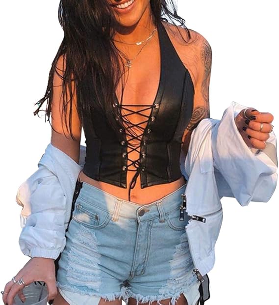 Women's Adjustable Spaghetti Straps PU Leather Bustier Crop Tube Top