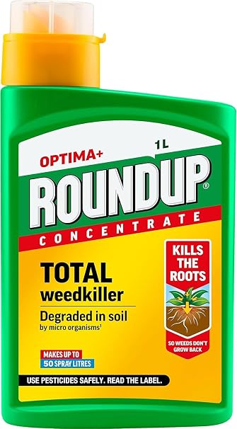 Roundup Optima+ Concentrate 1L | Systemic Root-Killing Weedkiller for Paths Drives & Patios | Visible Results in 4 Days | Replant in 7 Days | Treats up to 1500m² | 1 Litre Liquid