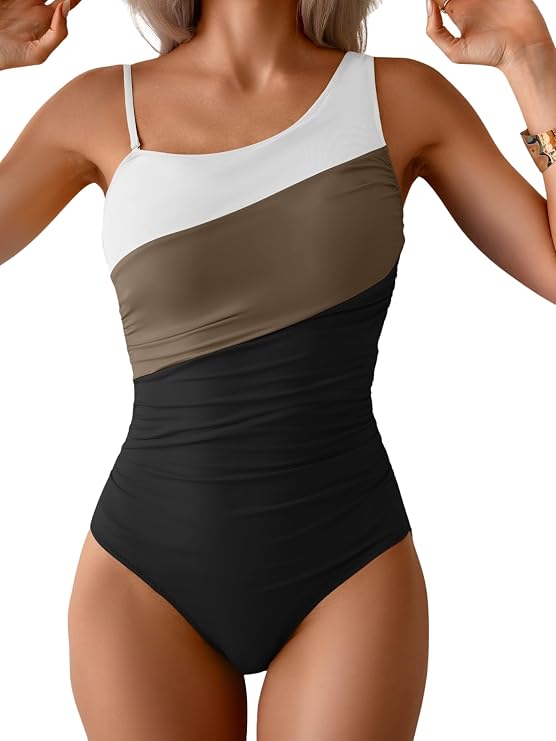 Aidonger One Shoulder One Piece Swimsuit for Women Color Block Bathing Suit