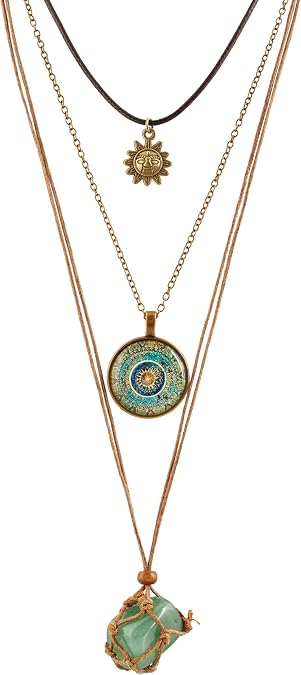 Bohemian Retro Style Multi Layer Necklace, Green Crystal Sun and Floral Pendant, Ethnic Jewelry for Women