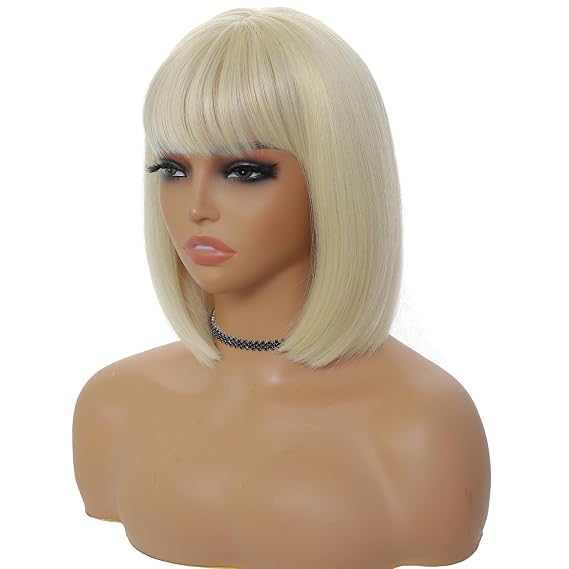 Blonde Wig with Bangs for Women 12 Inch Short Straight Blonde Wigs Short Bob Wig Heat Resistant Synthetic Colorful Wig