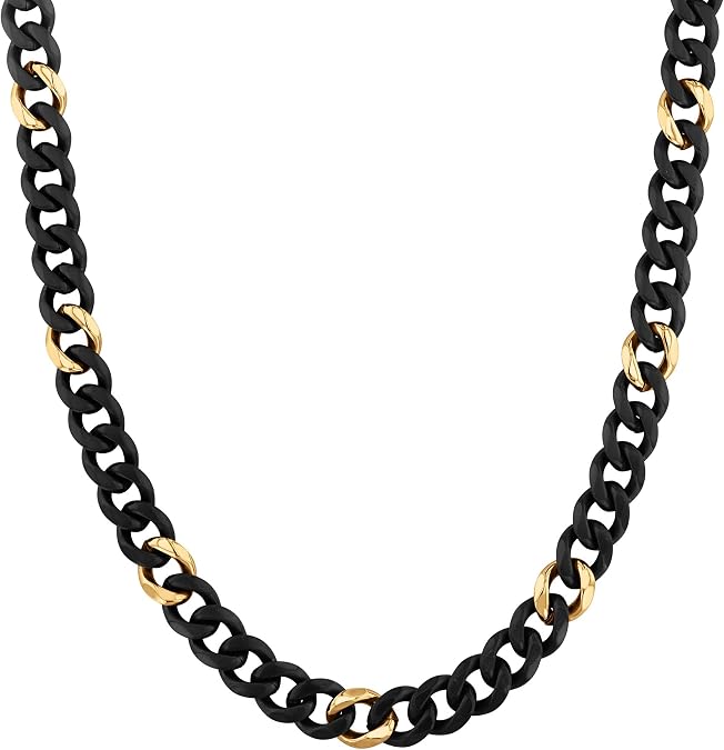 Men's Stainless Steel Black and Gold Tone Curb Chain Necklace | 10 mm | 22 Inches
