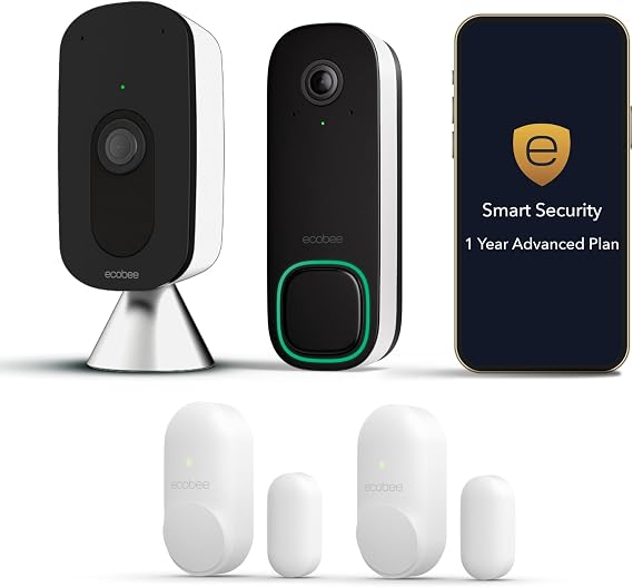 ecobee Home Security Bundle with 1-Year Smart Security Advanced Subscription, Smart Home Security System, Doorbell Camera, Smart Camera, SmartSensor