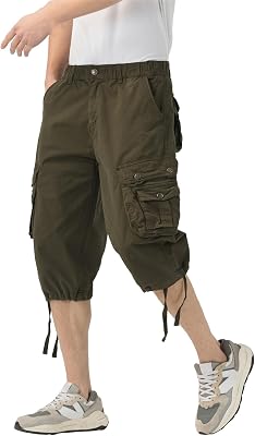 Mens Long Cargo Shorts Elastic Waist Stretch Twill Cotton 34 Multi Pockets Below Knee Cargo Shorts for Men