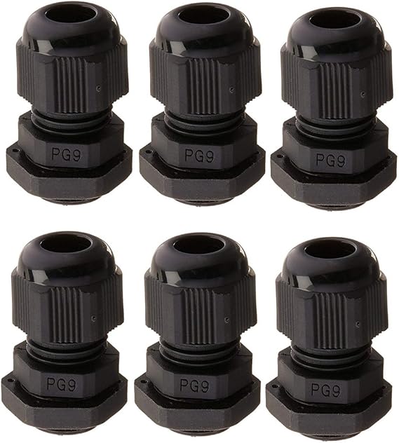 PG9 Waterproof Cable Gland Joints w Gasket For 4-8mm Cable Adjustable Lock Nut Connector Black 6-Pack