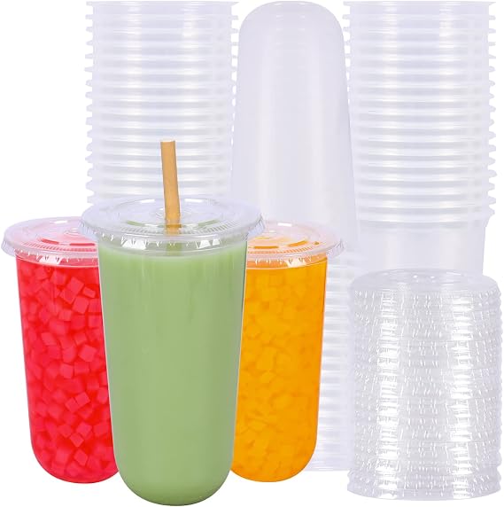 24 oz Disposable Clear Plastic Cups With Flat Lids 50 Pack