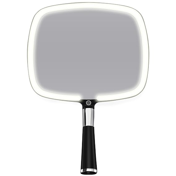 MIRRORVANA Lighted Travel Makeup Mirror - 2 in 1 Handheld & Tabletop LED Mirror with 3 Light Modes, Detachable Stand, and Comfy Handle - 9" x 13" (Black)
