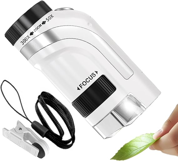 Pocket Handheld Microscope – 50x-300x Magnification Mini Science Viewer | ABS PP Educational Learning Gadget LED Light 5.6x3.6x10cm Lightweight 123g Classroom Study Exploration Nature Adventure STEM G