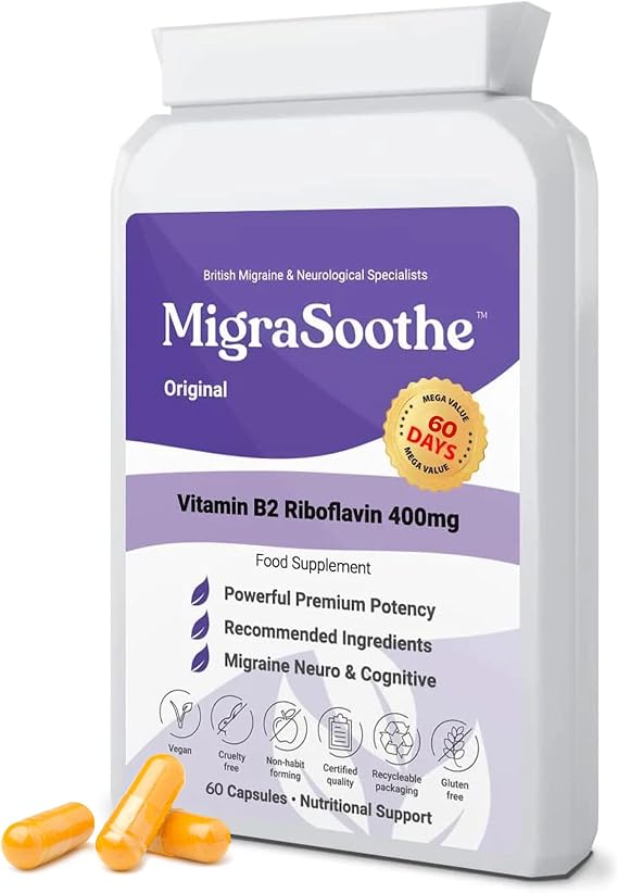 MigraSoothe Original Vitamin B2 Riboflavin 400mg Capsules for Adults - High Strength Daily Supplement for Migraine Wellness Routine and Energy Metabolism - Vegan, Made in UK, 60 Capsules