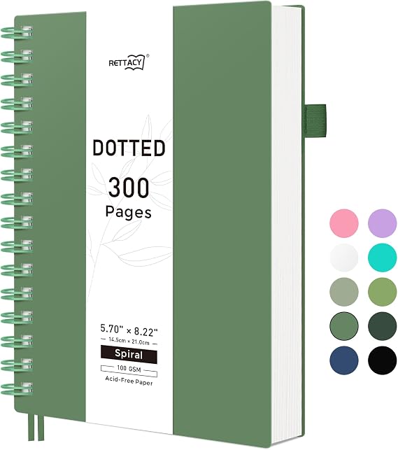 RETTACY Dotted Journal Notebook, 300 Pages, A5 Medium Size (5.7'' 8.2''), 100 GSM Thick Paper, Flexible Plastic Cover, Spiral-bound, for Journaling, Planning, Tracking (Dark Green)
