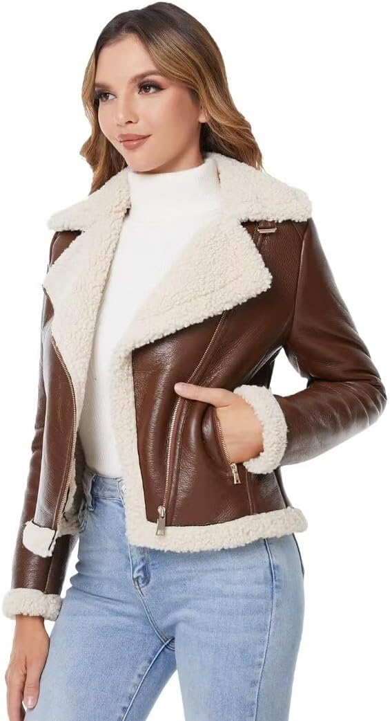 DIASHINY Women Faux Shearing Fur Jacket Sherpa Lined Faux Leather Coat