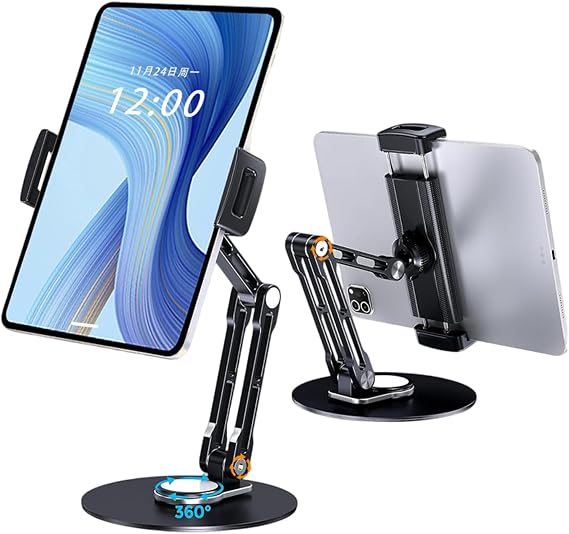 Tablet Stand Holder,360 Rotating Adjustable Foldable Portable Monitor Aluminum Phone Stand Holder for iPad Air, Mini, 10.2,9.7, Pro 11/13 and More (Black)