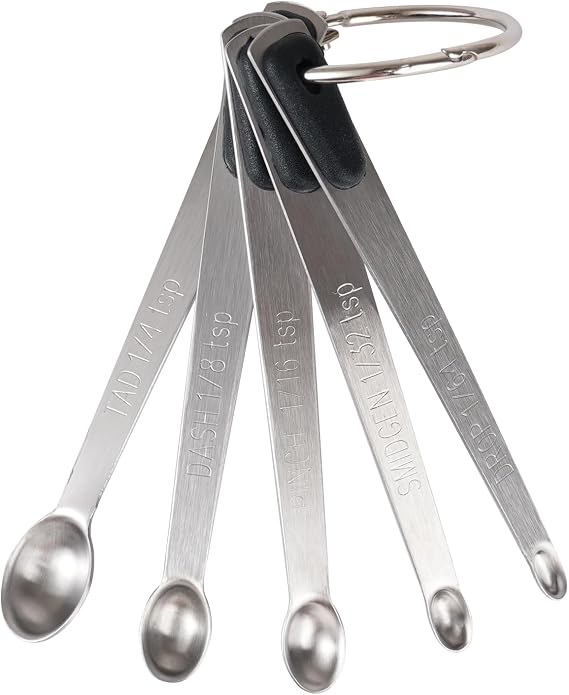 Mini Measuring Spoons Set, Tiny Stainless Steel Measure Teaspoons with Black Silicone Handle, Suitable for Small Amount of Dry or Liquid Ingredients and Spices 164, 132, 116, 18, 14 tsp