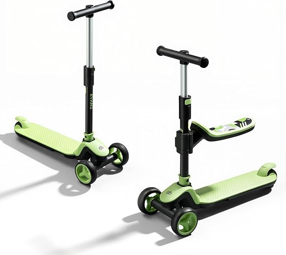 gb Kids Foldable Scooter, 3 Wheel, Green, for Boys Girls Ages 1.5-10 Years | Removable Seat, Adjustable Height, LED Wheels, Lean-to-Steer
