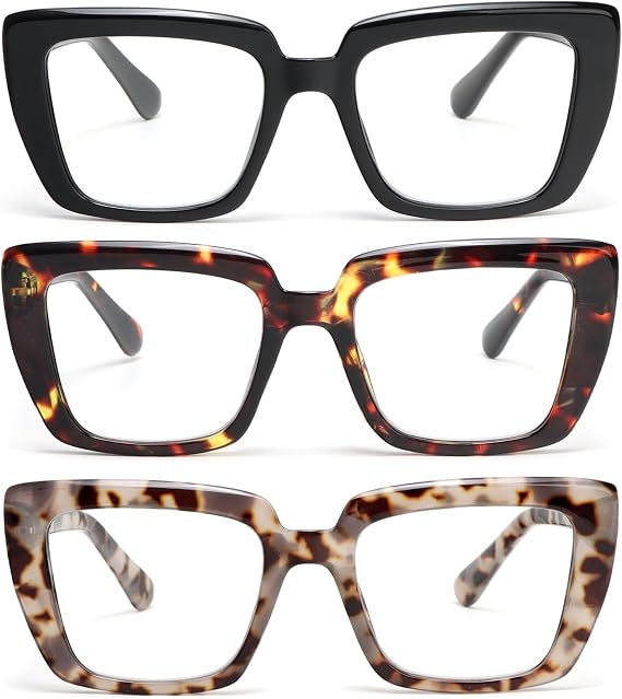 3 Pack Oversized Square Reading Glasses for Women, Blue Light Blocking Stylish Computer Readers
