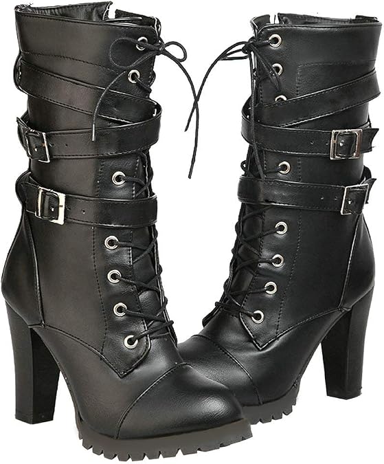 Caradise Womens Lace Up Mid Calf Goth Chunky Heel Combat Boots with Buckles