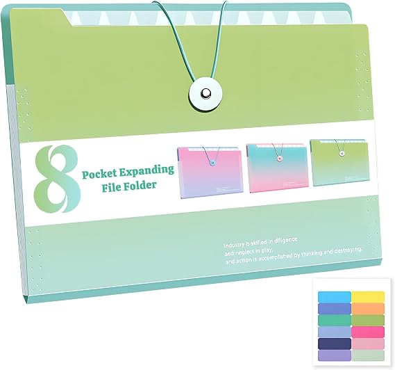 Accordion Folder with Labels, Letter/A4 Size 8 Pockets Expanding File Organizer, Portable Document Organizers for Paper Bill Receipt, Home College School Office Supplies (Gradient Green)