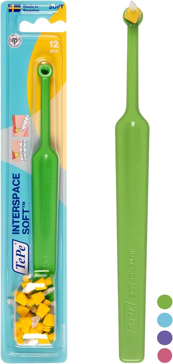 TePe Interspace Angled Soft Toothbrush for Braces with Single-End Tuft and Removable Head, 12 Pack